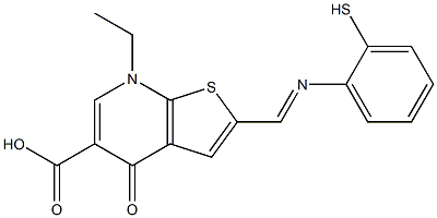 2-[(2-メルカプトフェニル)イミノメチル]-4,7-ジヒドロ-7-エチル-4-オキソチエノ[2,3-b]ピリジン-5-カルボン酸 化学構造式