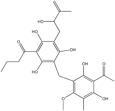 3'-(3-Acetyl-2,4-dihydroxy-5-methyl-6-methoxybenzyl)-2',4',6'-trihydroxy-5'-(2-hydroxy-3-methyl-3-butenyl)butyrophenone Struktur