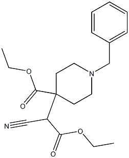 ethyl 1-benzyl-4-(1-cyano-2-ethoxy-2-oxoethyl)piperidine-4-carboxylate Struktur