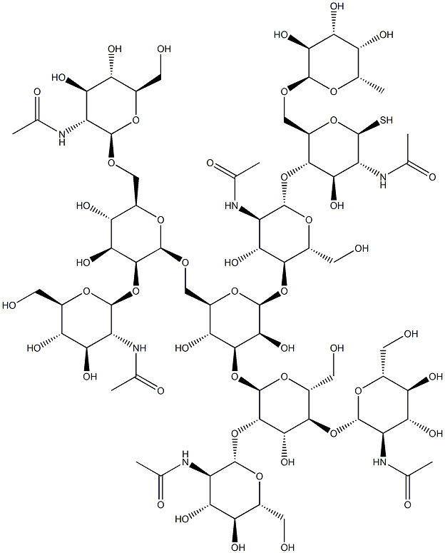 2-Acetamido-4-O-{2-acetamido-4-O-[[3-O-[2,4-di-O-(2-acetamido-2-deoxy-b-D-glucopyranosyl)-a-D-mannopyranosyl]-6-O-[2,6-di-O-(2-acetamido-2-deoxy-b-D-glucopyranosyl)-b-D-mannopyranosyl]-b-D-mannopyranosyl]]-2-deoxy-b-D-glucopyranosyl}-6-O-(a-L-fucopyranosyl)-2-deoxy-b-D-thioglucopyranoside Struktur