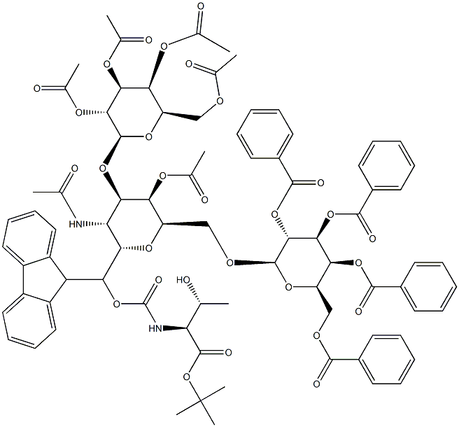 2-乙酰氨基-3-O-(2,3,4,6-四-O-乙酰基BD吡喃半乳糖基)-4-O-乙酰基-6-O-(2,3,4,6-四-O- - 苯甲酰基-Β-D-吡喃半乳糖基)-2-脱氧-Α-D-吡喃半乳糖基-FMOC苏氨酸叔丁酯, , 结构式