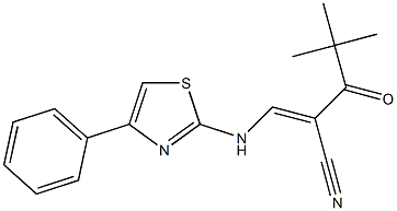 (E)-2-(2,2-dimethylpropanoyl)-3-[(4-phenyl-1,3-thiazol-2-yl)amino]-2-propenenitrile Struktur