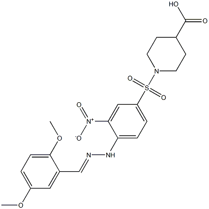 1-[(4-{2-[(E)-(2,5-dimethoxyphenyl)methylidene]hydrazino}-3-nitrophenyl)sulfonyl]-4-piperidinecarboxylic acid Structure