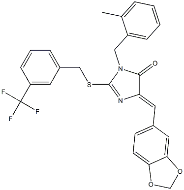 5-[(E)-1,3-benzodioxol-5-ylmethylidene]-3-(2-methylbenzyl)-2-{[3-(trifluoromethyl)benzyl]sulfanyl}-3,5-dihydro-4H-imidazol-4-one Struktur