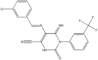 5-{[(E)-(3-chlorophenyl)methylidene]amino}-6-imino-2-oxo-1-[3-(trifluoromethyl)phenyl]-1,2,3,6-tetrahydro-4-pyrimidinecarbonitrile