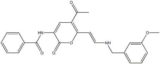 N-(5-acetyl-6-{(E)-2-[(3-methoxybenzyl)amino]ethenyl}-2-oxo-2H-pyran-3-yl)benzenecarboxamide Struktur