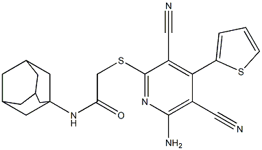 N-(1-adamantyl)-2-{[6-amino-3,5-dicyano-4-(2-thienyl)-2-pyridinyl]sulfanyl}acetamide Struktur
