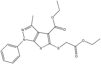 ethyl 5-[(2-ethoxy-2-oxoethyl)sulfanyl]-3-methyl-1-phenyl-1H-thieno[2,3-c]pyrazole-4-carboxylate Struktur