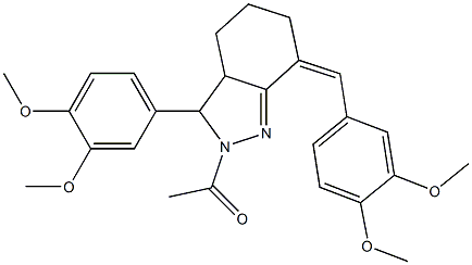 2-acetyl-7-(3,4-dimethoxybenzylidene)-3-(3,4-dimethoxyphenyl)-3,3a,4,5,6,7-hexahydro-2H-indazole Struktur