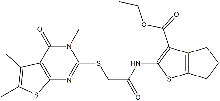 ethyl 2-({[(3,5,6-trimethyl-4-oxo-3,4-dihydrothieno[2,3-d]pyrimidin-2-yl)sulfanyl]acetyl}amino)-5,6-dihydro-4H-cyclopenta[b]thiophene-3-carboxylate Struktur
