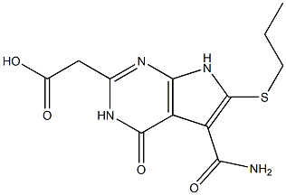 2-(カルボキシメチル)-6-(プロピルチオ)-4-オキソ-3,4-ジヒドロ-7H-ピロロ[2,3-d]ピリミジン-5-カルボアミド 化学構造式