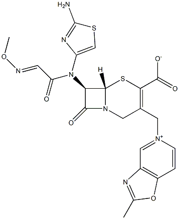 (7R)-7-[(2-アミノ-4-チアゾリル)(メトキシイミノ)アセチルアミノ]-3-[[(2-メチルオキサゾロ[4,5-c]ピリジン-5-イウム)-5-イル]メチル]セファム-3-エン-4-カルボン酸 化学構造式