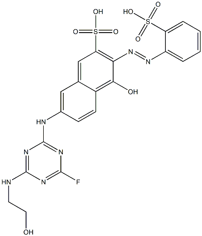7-[[4-フルオロ-6-[(2-ヒドロキシエチル)アミノ]-1,3,5-トリアジン-2-イル]アミノ]-4-ヒドロキシ-3-[(2-スルホフェニル)アゾ]-2-ナフタレンスルホン酸 化学構造式