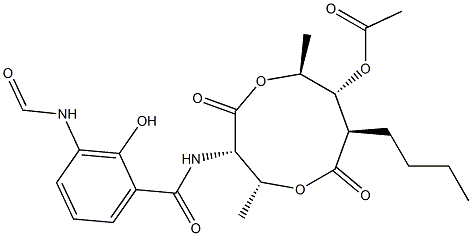 酢酸(2R,3S,6S,7R,8R)-8-ブチル-3-[(3-ホルミルアミノ-2-ヒドロキシベンゾイル)アミノ]-2,6-ジメチル-4,9-ジオキソ-1,5-ジオキソナン-7-イル 化学構造式