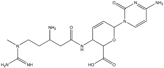 6-[4-アミノ-1,2-ジヒドロ-2-オキソピリミジン-1-イル]-3-[3-アミノ-5-(1-メチルグアニジノ)バレリルアミノ]-3,6-ジヒドロ-2H-ピラン-2-カルボン酸 化学構造式