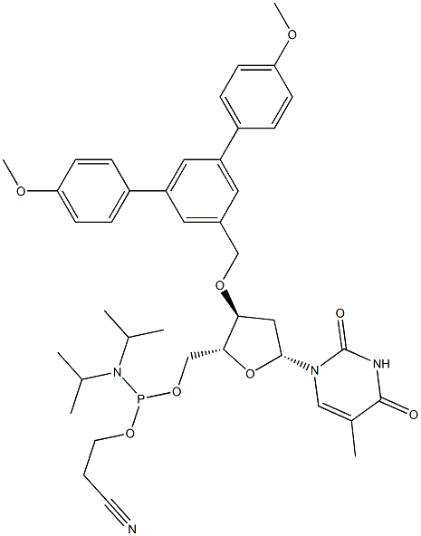 3'-O-[3,5-Bis(4-methoxyphenyl)benzyl]-5'-O-[(diisopropylamino)(2-cyanoethyloxy)phosphino]thymidine Structure