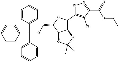 4-Hydroxy-5-[2,3-O-(1-methylethylidene)-5-O-(triphenylmethyl)-L-ribofuranosyl]-1H-pyrazole-3-carboxylic Acid Ethyl Ester Structure