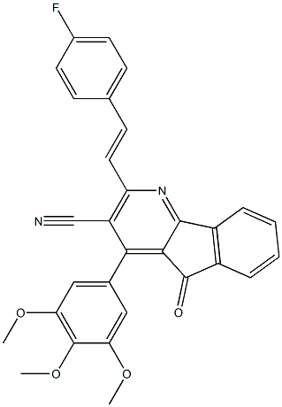 2-[(E)-2-(4-fluorophenyl)ethenyl]-5-oxo-4-(3,4,5-trimethoxyphenyl)-5H-indeno[1,2-b]pyridine-3-carbonitrile Struktur