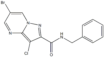 6-bromo-3-chloro-N-(phenylmethyl)pyrazolo[1,5-a]pyrimidine-2-carboxamide,,结构式