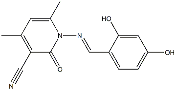 1-{[(E)-(2,4-dihydroxyphenyl)methylidene]amino}-4,6-dimethyl-2-oxo-1,2-dihydro-3-pyridinecarbonitrile Struktur