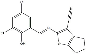 2-{[(E)-(3,5-dichloro-2-hydroxyphenyl)methylidene]amino}-5,6-dihydro-4H-cyclopenta[b]thiophene-3-carbonitrile Struktur