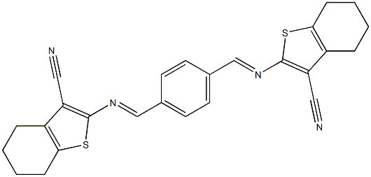 2-{[(E)-(4-{[(3-cyano-4,5,6,7-tetrahydro-1-benzothiophen-2-yl)imino]methyl}phenyl)methylidene]amino}-4,5,6,7-tetrahydro-1-benzothiophene-3-carbonitrile Struktur