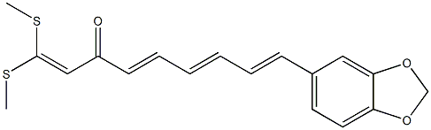 (4E,6E,8E)-9-[3,4-メチレンジオキシフェニル]-1,1-ビス(メチルチオ)-1,4,6,8-ノナテトラエン-3-オン 化学構造式