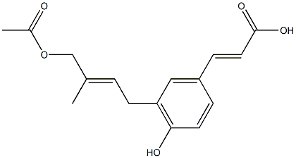 (E)-3-[4-ヒドロキシ-5-[(E)-4-アセトキシ-3-メチル-2-ブテニル]フェニル]アクリル酸 化学構造式