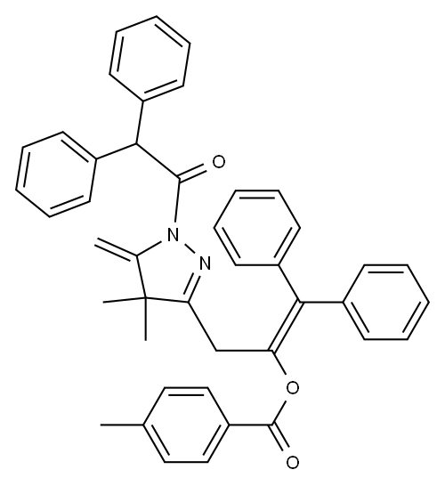 1-ジフェニルメチレン-2-[[4,5-ジヒドロ-4,4-ジメチル-5-メチレン-1-(ジフェニルアセチル)-1H-ピラゾール]-3-イル]エタノール4-メチルベンゾアート 化学構造式