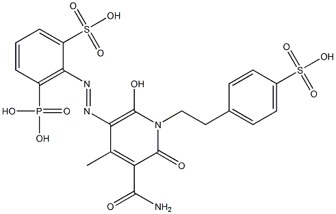 2-[[[3-カルバモイル-1,2-ジヒドロ-6-ヒドロキシ-4-メチル-2-オキソ-1-[2-(4-スルホフェニル)エチル]ピリジン]-5-イル]アゾ]-3-ホスホノベンゼンスルホン酸 化学構造式