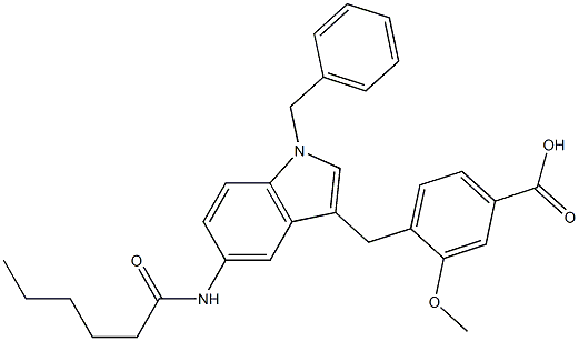 4-[5-Hexanoylamino-1-benzyl-1H-indol-3-ylmethyl]-3-methoxybenzoic acid,,结构式