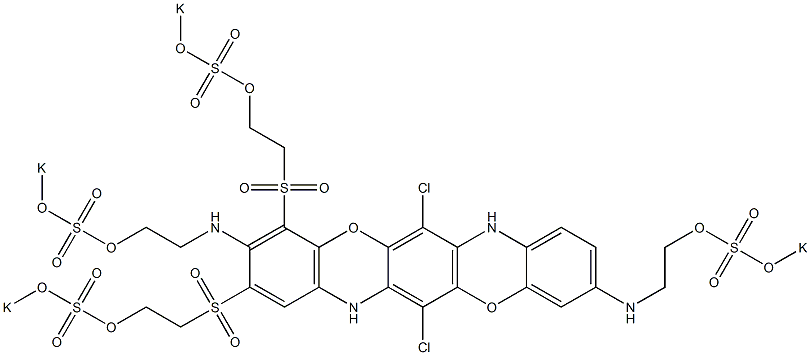 6,13-ジクロロ-3,10-ビス[2-(ポタシオオキシスルホニルオキシ)エチルアミノ]-2,4-ビス[2-(ポタシオオキシスルホニルオキシ)エチルスルホニル]-5,12-ジオキサ-7,14-ジアザペンタセン 化学構造式