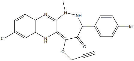 8-(p-ブロモフェニル)-2-クロロ-6-メチル-10-(2-プロピニルオキシ)-6,7-ジヒドロ-5,6,7,11-テトラアザ-11H-シクロヘプタ[b]ナフタレン-9(8H)-オン 化学構造式