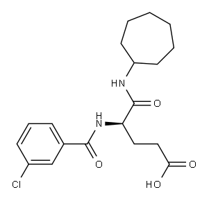 (R)-4-(3-クロロベンゾイルアミノ)-5-オキソ-5-シクロヘプチルアミノ吉草酸 化学構造式