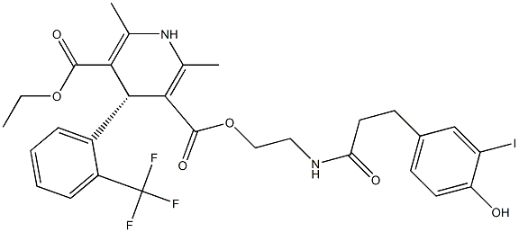 (4R)-1,4-Dihydro-2,6-dimethyl-4-[2-(trifluoromethyl)phenyl]pyridine-3,5-dicarboxylic acid 3-[2-[3-(4-hydroxy-3-iodophenyl)propanoylamino]ethyl]5-ethyl ester Struktur