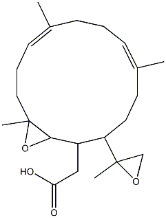 (6E,10E)-2,3-Epoxy-3,7,11-trimethyl-14-(1-methyl-1,2-epoxyethan-1-yl)-6,10-cyclotetradecadiene-1-yl=acetate Struktur