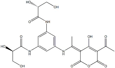 (3Z)-5-アセチル-4-ヒドロキシ-3-[1-[3,5-ビス[(R)-2,3-ジヒドロキシプロパノイルアミノ]フェニルアミノ]エチリデン]-2H-ピラン-2,6(3H)-ジオン 化学構造式