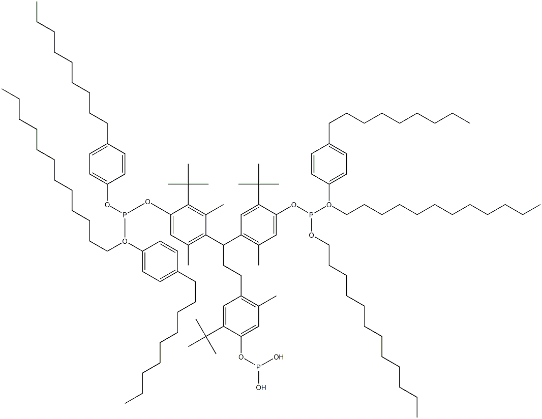 [3-Methyl-1,1,3-propanetriyltris(2-tert-butyl-5-methyl-4,1-phenyleneoxy)]tris(phosphonous acid)O,O',O''-tridodecyl O,O',O''-tris(4-nonylphenyl) ester Structure