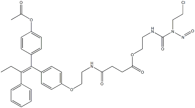 3-[[[2-[4-[(E)-1-(4-アセトキシフェニル)-2-フェニル-1-ブテン-1-イル]フェノキシ]エチル]アミノ]カルボニル]プロピオン酸2-[[[ニトロソ(2-クロロエチル)アミノ]カルボニル]アミノ]エチル 化学構造式