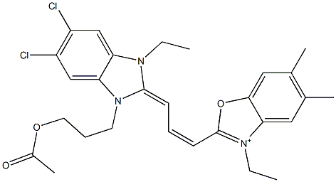 2-[3-[[1-[3-(アセチルオキシ)プロピル]-5,6-ジクロロ-3-エチル-1,3-ジヒドロ-2H-ベンゾイミダゾール]-2-イリデン]-1-プロペニル]-3-エチル-5,6-ジメチルベンゾオキサゾール-3-イウム 化学構造式