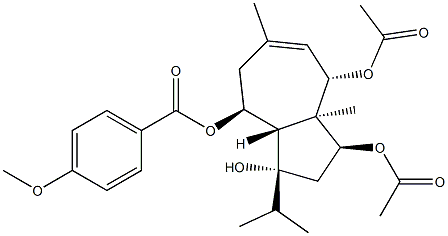 p-アニス酸(1S,3R,3aS,4S,8S,8aR)-1,8-ジアセトキシ-3-ヒドロキシ-3-イソプロピル-6,8a-ジメチル-1,2,3,3a,4,5,8,8a-オクタヒドロアズレン-4-イル 化学構造式