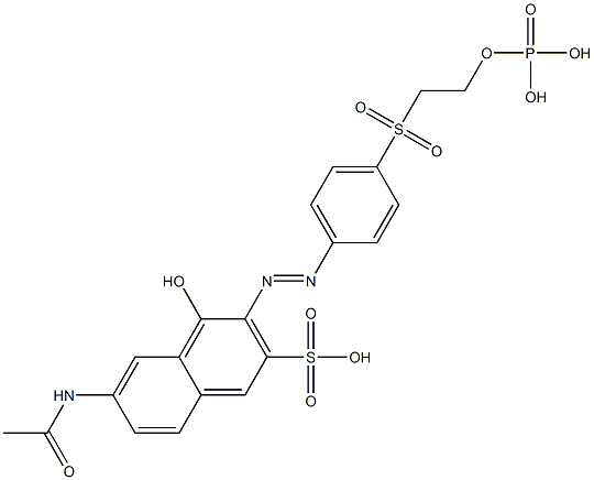 6-(アセチルアミノ)-4-ヒドロキシ-3-[[4-[[2-(ホスホノオキシ)エチル]スルホニル]フェニル]アゾ]-2-ナフタレンスルホン酸 化学構造式