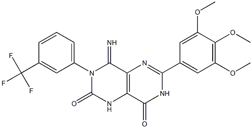 4-Imino-3-(3-(trifluoromethyl)phenyl)-6-(3,4,5-trimethoxyphenyl)-1,3,7-trihydro-5,7-diazaquinazoline-2,8-dione Struktur