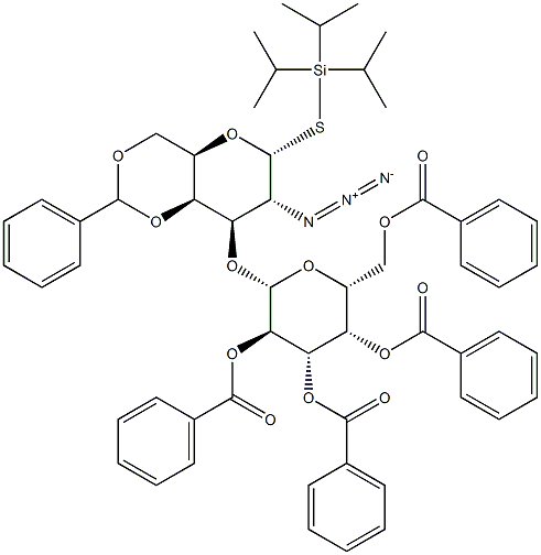 Triisopropylsilyl 2-azido-3-O-(2,3,4,6-tetra-O-benzoyl-b-D-galactopyranosyl)-4-6-O-benzylidene-2-deoxy-a-D-thiogalactopyranoside Struktur