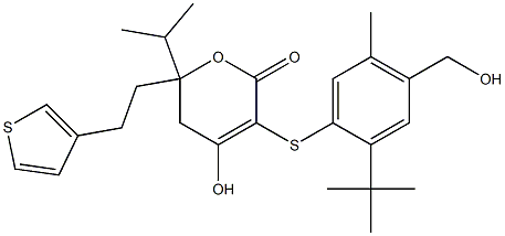 3-(2-tert-butyl-4-hydroxymethyl-5-methylphenylsulfanyl)-4-hydroxy-6-isopropyl-6-(2-thiophen-3-ylethyl)-5,6-dihydropyran-2-one Struktur