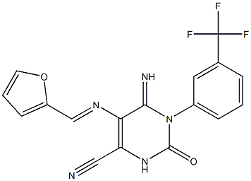 5-{[(E)-2-furylmethylidene]amino}-6-imino-2-oxo-1-[3-(trifluoromethyl)phenyl]-1,2,3,6-tetrahydro-4-pyrimidinecarbonitrile Structure