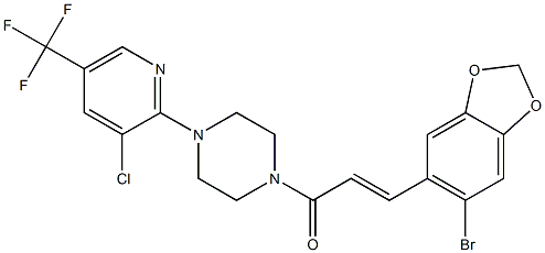 (E)-3-(6-bromo-1,3-benzodioxol-5-yl)-1-{4-[3-chloro-5-(trifluoromethyl)-2-pyridinyl]piperazino}-2-propen-1-one Struktur