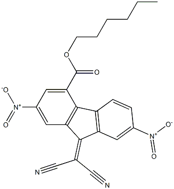 hexyl 9-(dicyanomethylidene)-2,7-dinitro-9H-fluorene-4-carboxylate Struktur