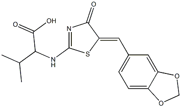 2-({5-[(E)-1,3-benzodioxol-5-ylmethylidene]-4-oxo-4,5-dihydro-1,3-thiazol-2-yl}amino)-3-methylbutanoic acid Struktur