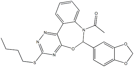 7-acetyl-6-(1,3-benzodioxol-5-yl)-6,7-dihydro[1,2,4]triazino[5,6-d][3,1]benzoxazepin-3-yl butyl sulfide Struktur